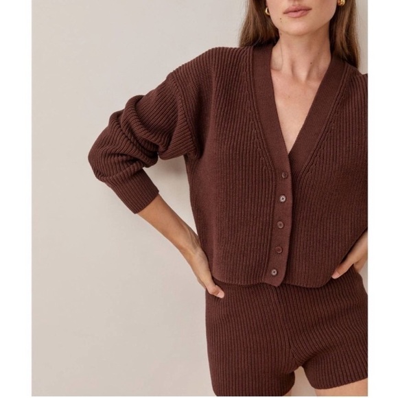 Reformation Brown Fiore Cardigan And Short Set New - Picture 3 of 13